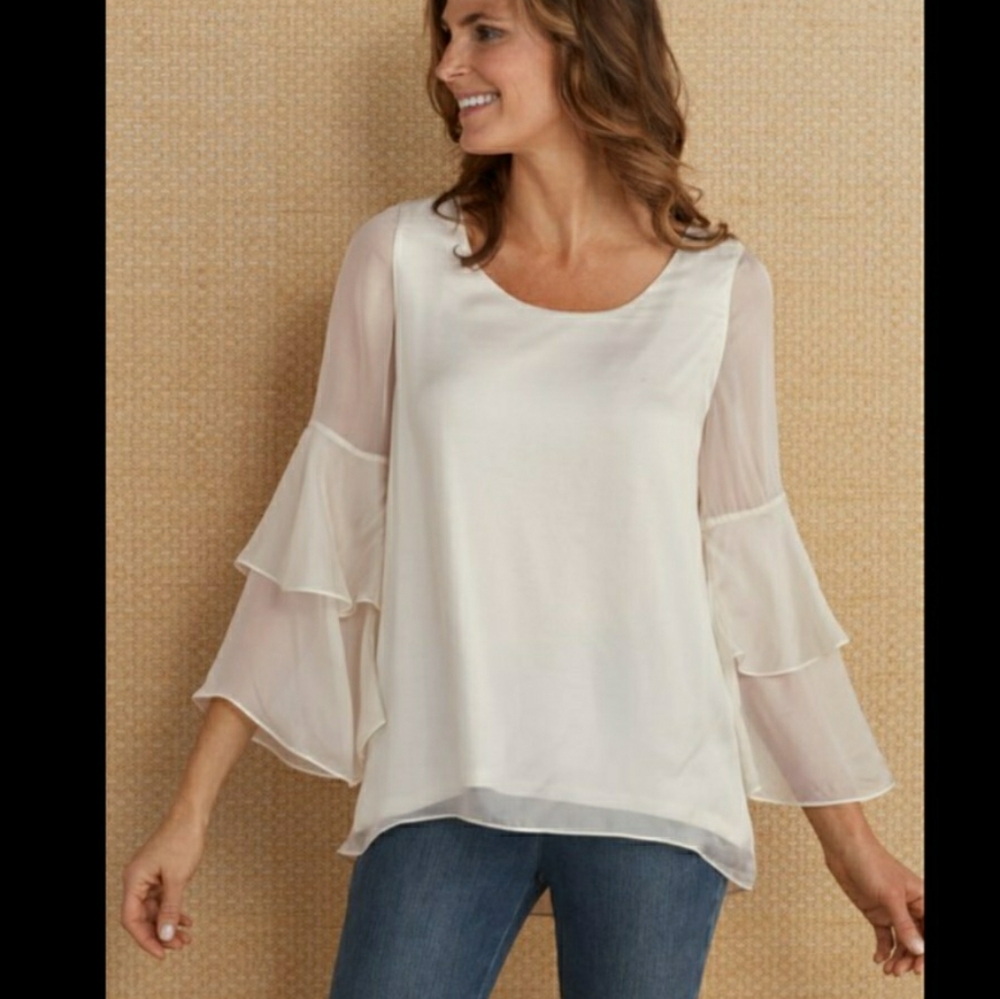 Soft Surroundings Roundelay Silk Bell Sleeve Top SP ecru